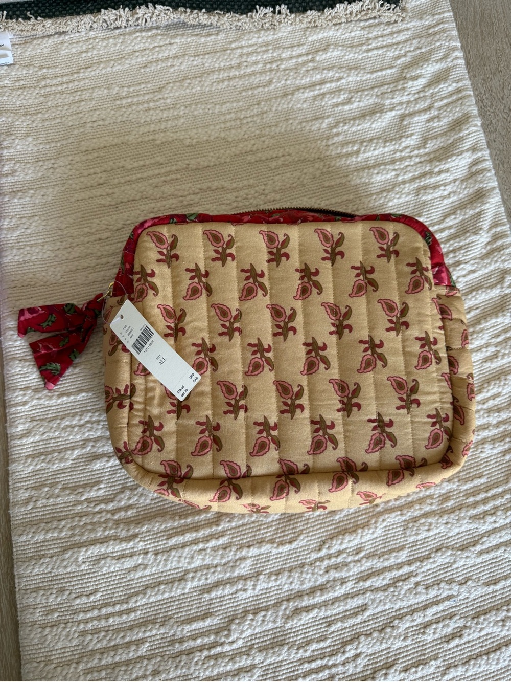 Anthropologie Quilted Floral Cosmetic Pouch in Beige and Red
